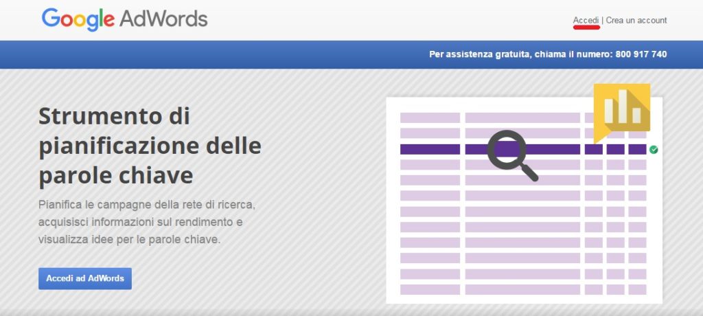 accedere a keywordplanner